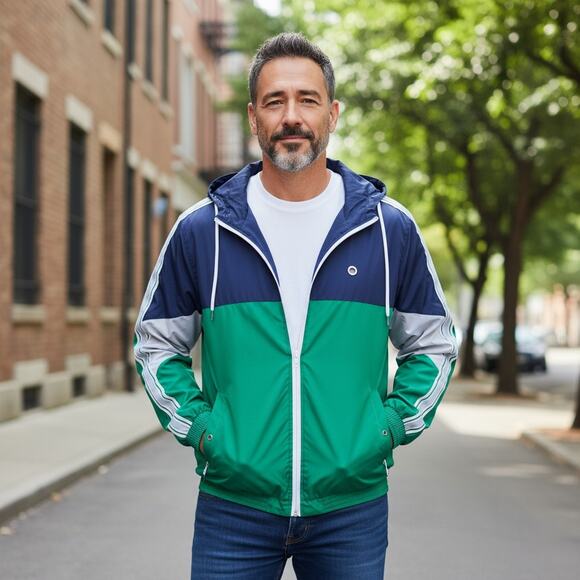 Unisex Windbreaker Color Block🔵🟢 🤍Hoodie Medium Blue Turquoise Flaws - Picture 1 of 14